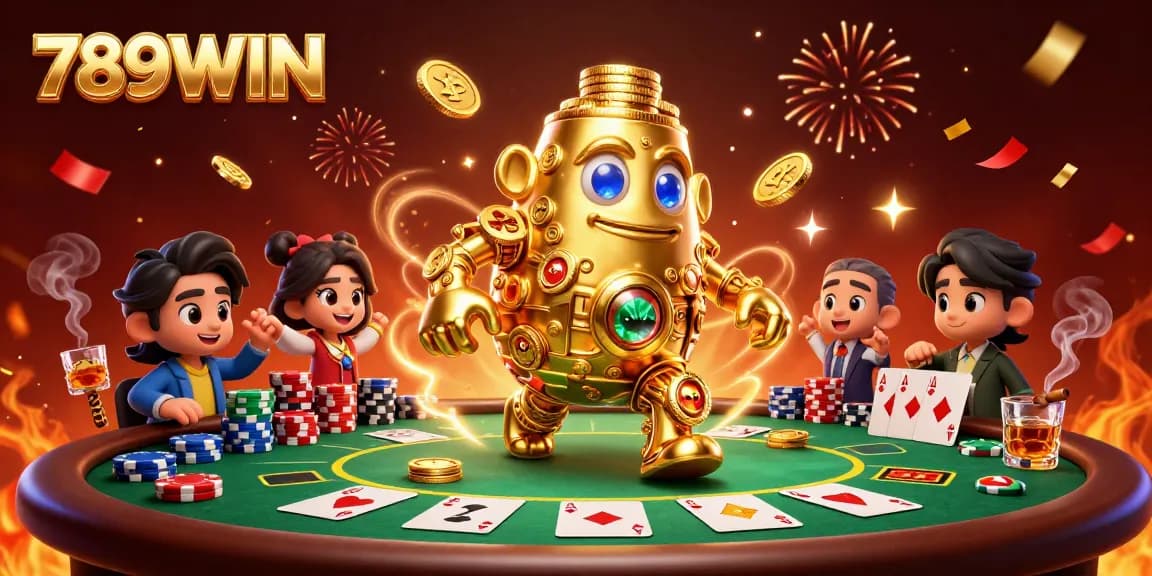 Engage with 789WIN's rich casino experience featuring a gold coin golem at a lively poker table.