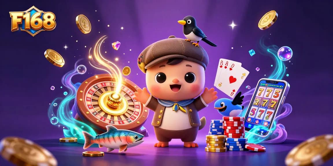 Spin with F168’s fun characters in a vibrant 3D casino scene, showcasing excitement and gambling.