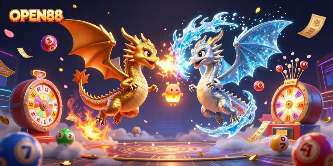 Experience thrilling gaming at OPEN88 with vibrant dragons and colorful prizes in a dynamic casino scene.