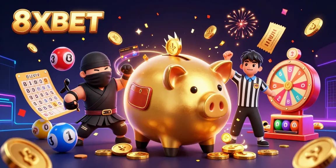 Experience the thrill of winning with 8XBET in this vibrant casino scene featuring dynamic game elements.