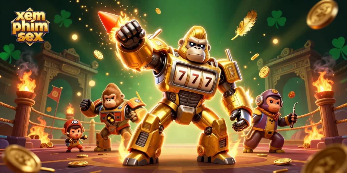 Xem phim sex and win big with a golden gorilla mech in a dynamic casino scene surrounded by vibrant game elements.