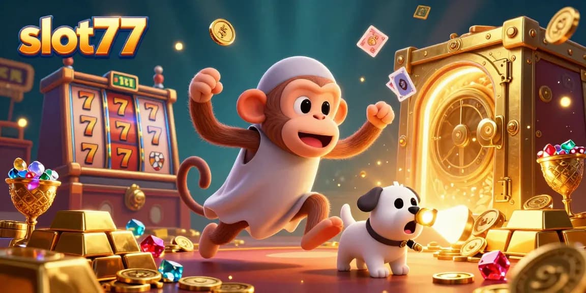 Engage with slot77 at a vibrant casino filled with golden treasures, as a poltergeist monkey juggles gold.