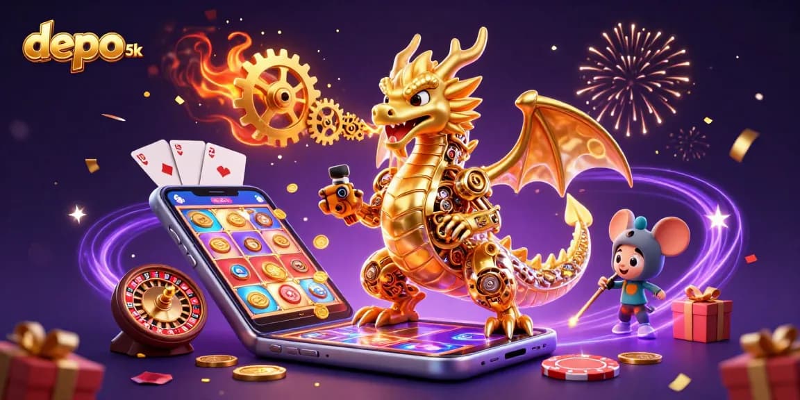 Unleash winnings with depo 5k slots featuring a golden dragon and vibrant casino elements.