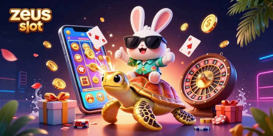 Experience the zeus slot action with a lucky rabbit and golden turtle in a vibrant casino scene.