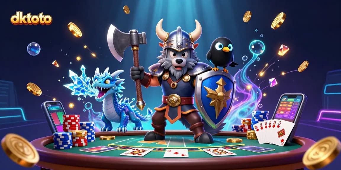 Experience live baccarat excitement with dktoto; a Viking wolf warrior, dragon, and raven amidst stunning casino elements.