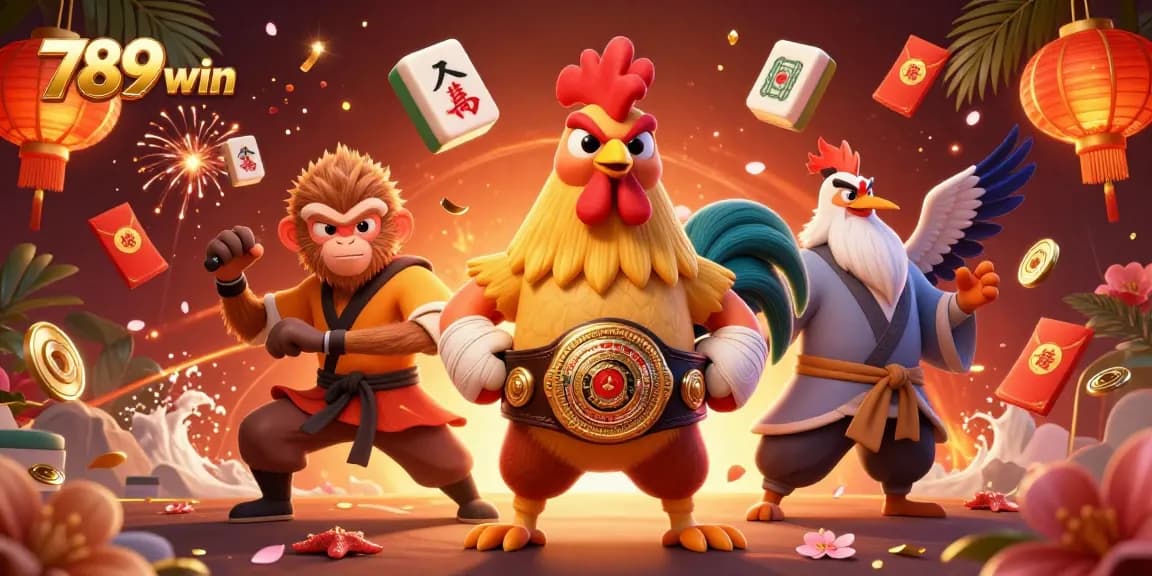 Experience the vibrant action at 789win with a Muay Thai rooster, Shaolin monkey, and crane master in an engaging casino atmosphere.
