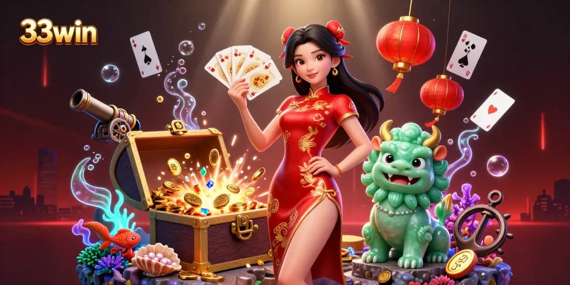 Experience thrilling gameplay with 33win's vibrant casino scene featuring a captivating qipao woman.