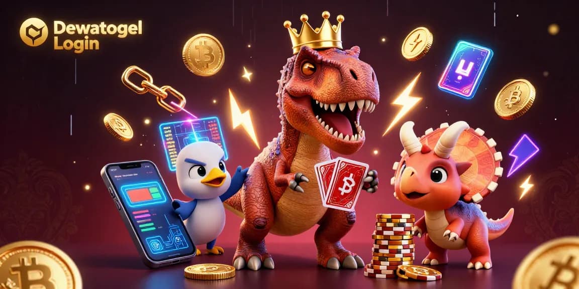 Engage with Dewatogel Login through a lively 3D illustration depicting a playful T-Rex and friends in a casino setting.