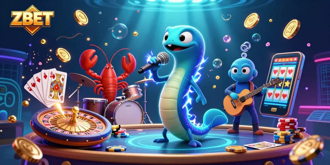 ZBET showcases an electrifying underwater casino scene with a DJ eel, lobster drummer, and seahorse guitarist.