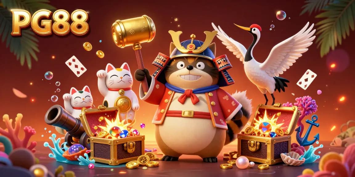 Experience fortune at PG88 with tanuki and samurai crane in a vibrant 3D casino scene.