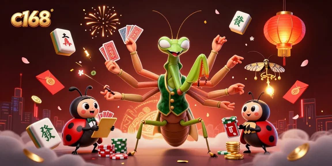 c168 card sharp mantis deals cards in a vibrant online casino scene with rich colors