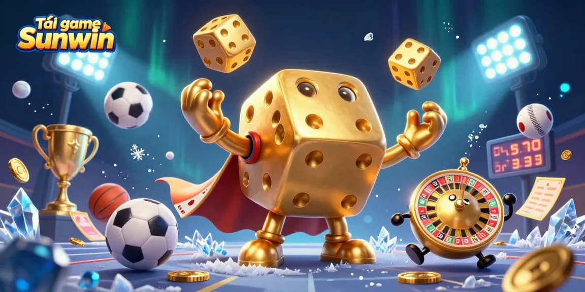 Tải game Sunwin with a dynamic illustration of golden dice golem juggling dice with enthralling casino elements.