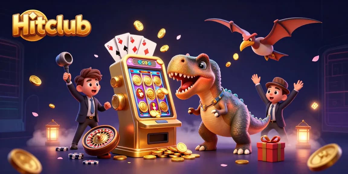 Hitclub's vibrant casino scene with a pachycephalosaurus winning at the slots and pteranodon catching coins.