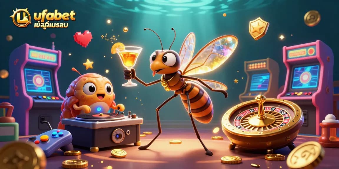 Play casino games and enjoy ufabetเข้าสู่ระบบ with a dynamic illustration of a vibrant casino scene.