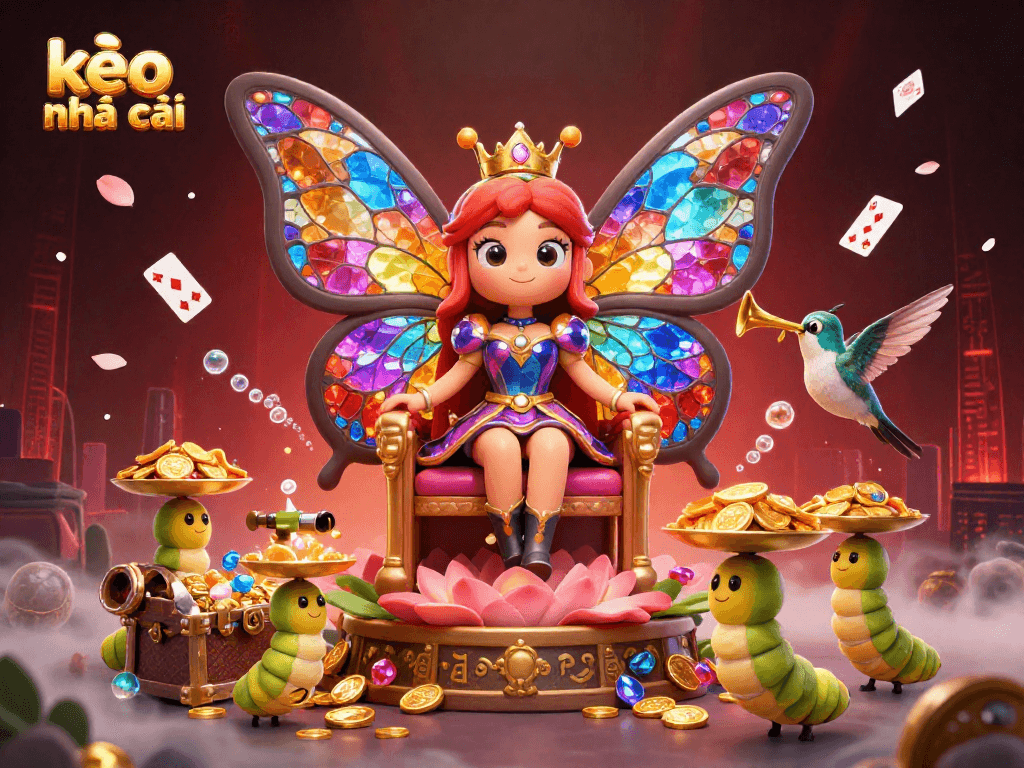 Engage with kèo nhà cái in this vibrant scene featuring a butterfly queen and gaming treasures.