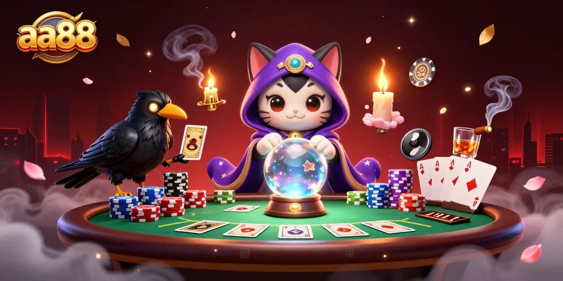 Engage with thrilling poker moments at aa88, featuring a mystical cat and tarot raven.