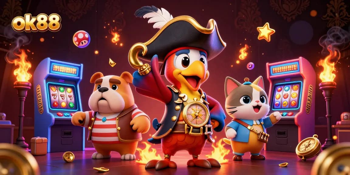 Experience thrilling gameplay with ok88 as pirate characters navigate a vibrant casino atmosphere.