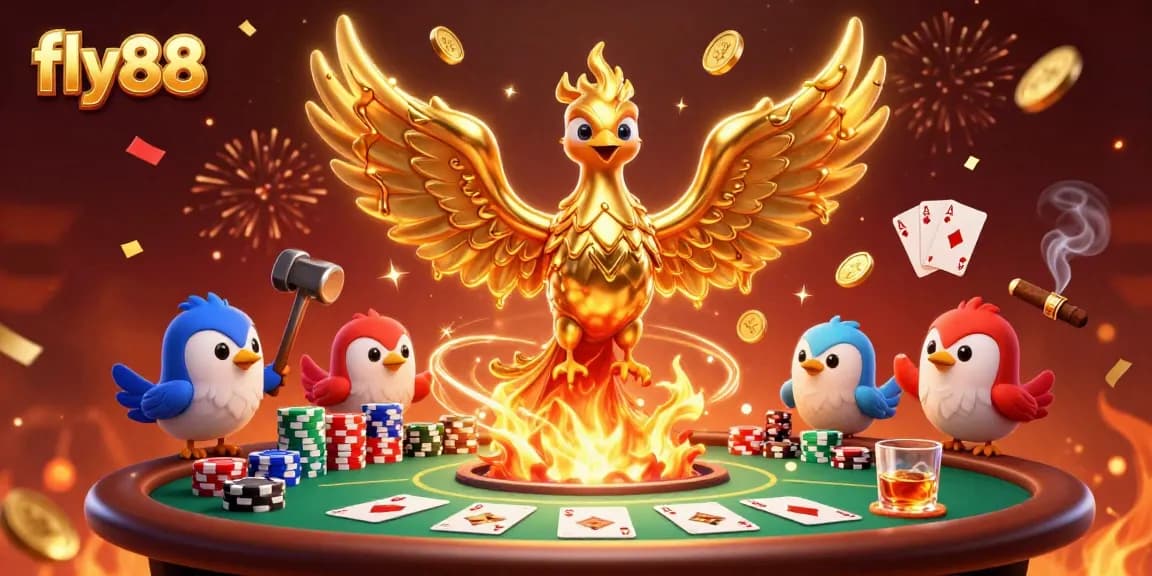 Experience thrilling gameplay at fly88 with a stunning phoenix emerging amidst poker chips and cards.