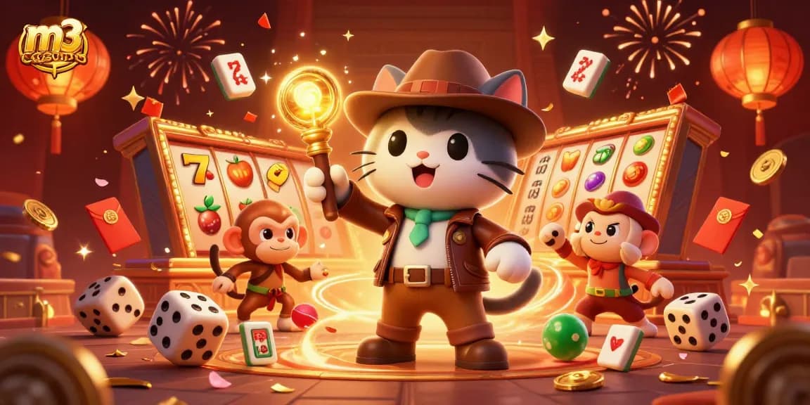 Experience thrilling adventures at m3 casino, featuring dynamic slot symbols and festive elements.