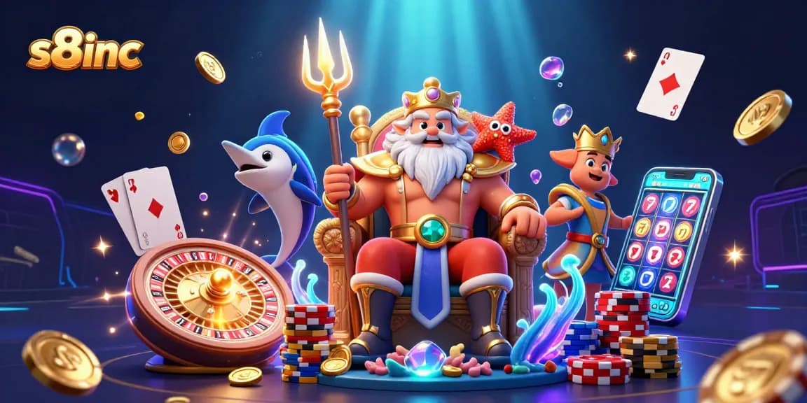 Play at s8inc featuring Neptune surrounded by casino elements, showing excitement and fun in gambling.