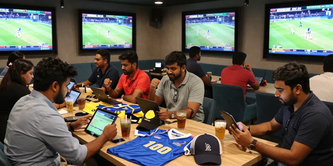 Exciting cricket betting scene showcasing friends celebrating their Cricket Id wins in a vibrant lounge.
