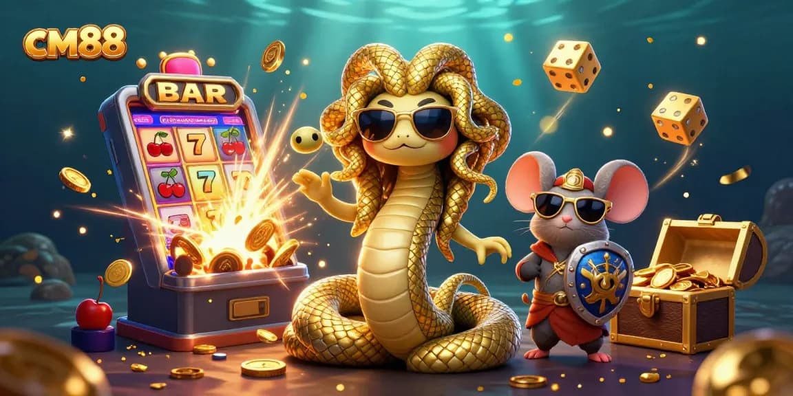 Engage with cm88's exciting world of slots and jackpots featuring Medusa and a warrior mouse.