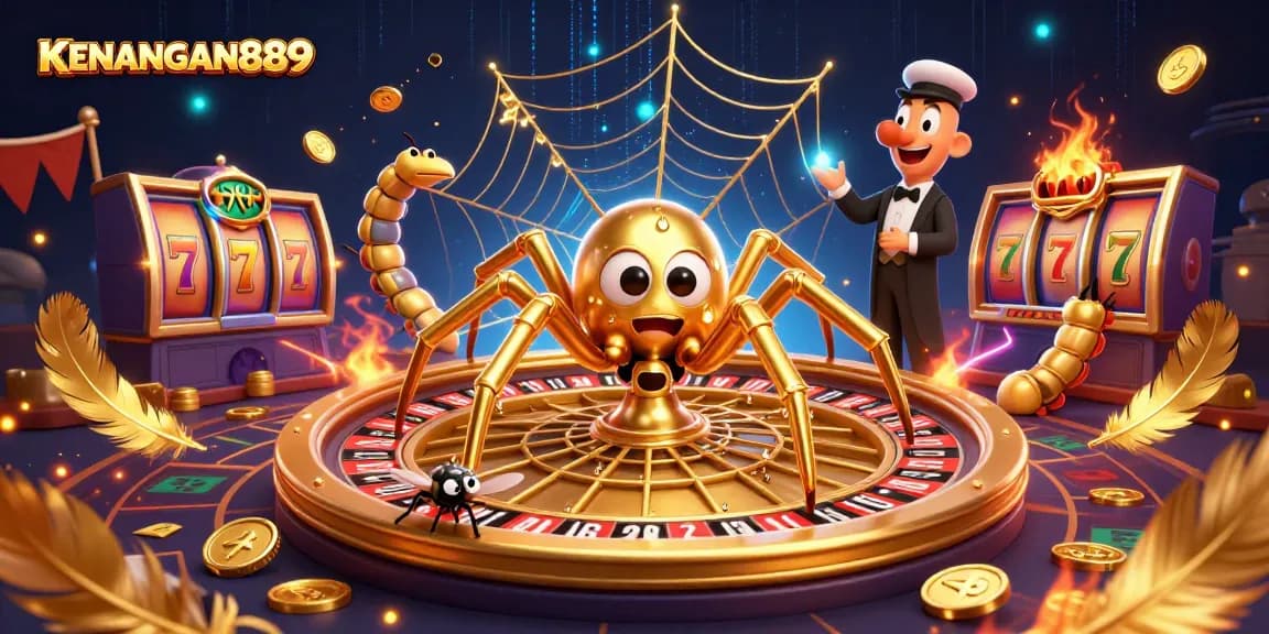 Bet on KENANGAN889 with a 3D spider and croupier in a vibrant casino scene.