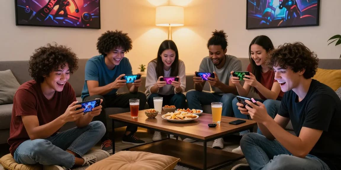 Excited friends enjoying Teen Patti Gold app together; Click to official link for download.