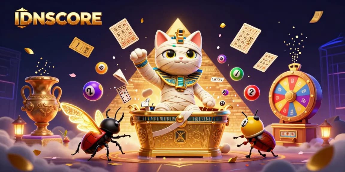 Play slots at IDNSCORE as an Egyptian mummy cat emerges and prizes burst forth in vibrant casino adventure.