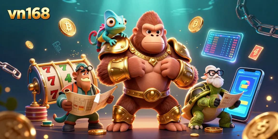 Experience exciting gameplay at vn168 with a powerful gorilla king and vibrant casino elements.
