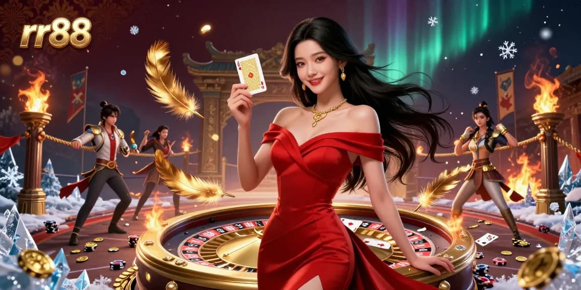 Experience the thrill of rr88 with a beautiful Asian woman holding a golden playing card beside a roulette wheel, enhanced by vibrant casino elements.
