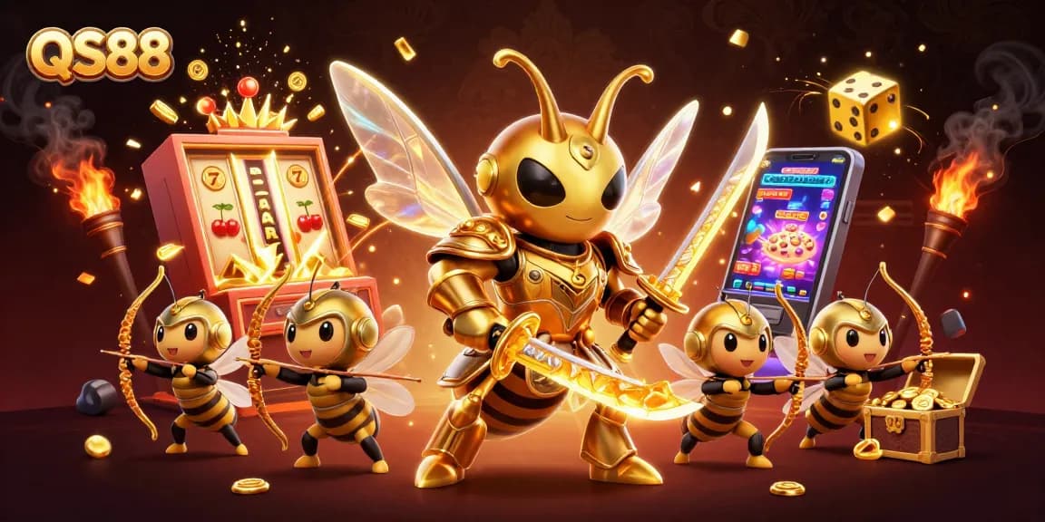 Experience the thrill of QS88 with a dynamic 3D casino scene featuring a giant hornet in samurai armor.