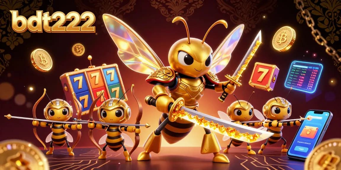 Engage with the thrilling bdt222 gaming scene featuring a giant golden hornet and bee archers among vivid slot elements.
