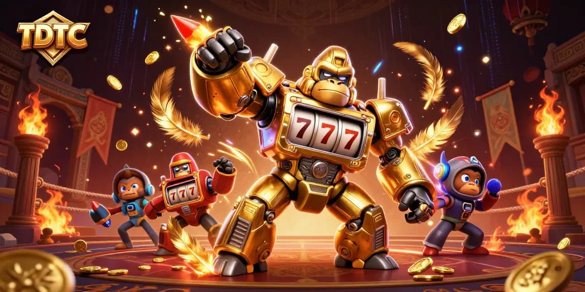 Engage with TDTC's thrilling casino world featuring a mech and vibrant casino elements.