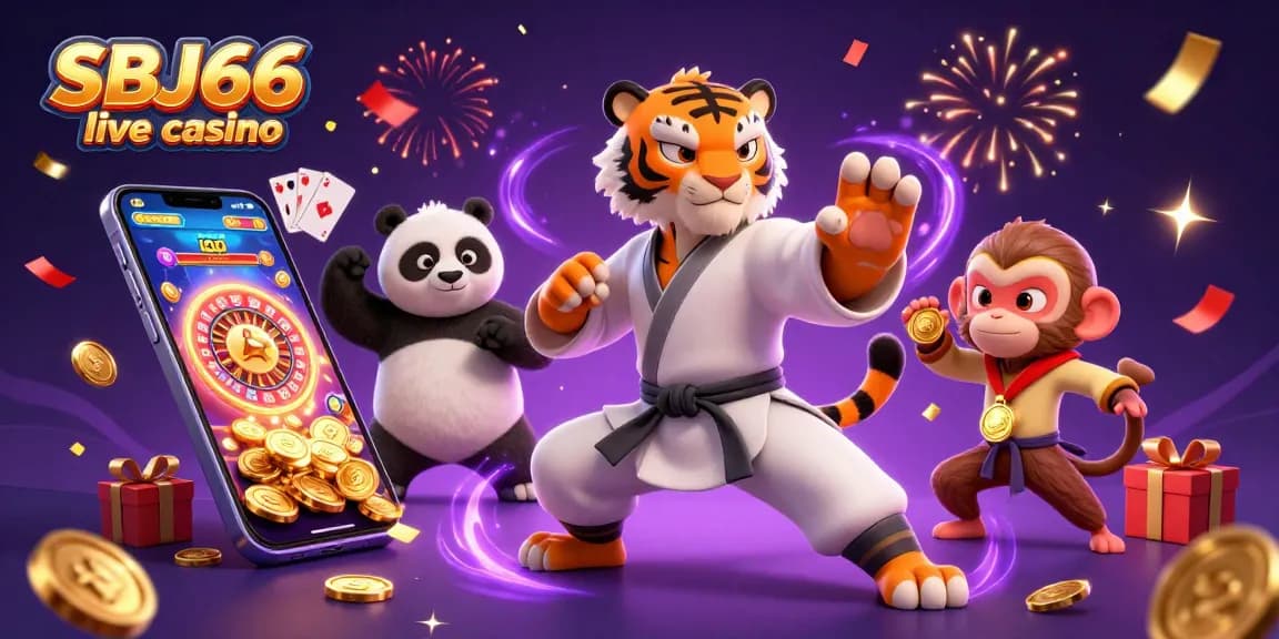 Experience thrilling gameplay at SBJ66 live casino with a vibrant 3D illustration of a kung fu tiger master, panda disciple, and monkey student.