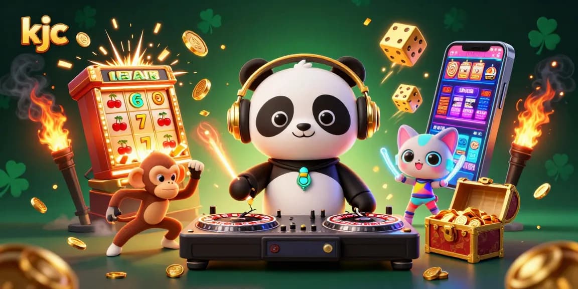 KJC showcases vibrant casino fun with DJ panda, breakdancing monkey, and glow-stick kitten amidst a jackpot explosion.