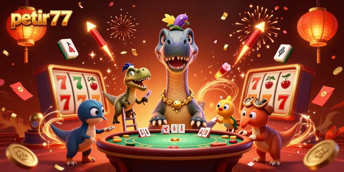 Experience the thrill with petir777 at a vibrant casino scene featuring fun characters and exciting game elements.