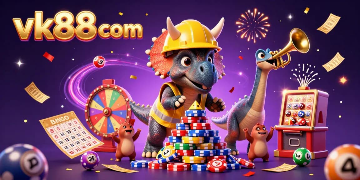 Join the excitement at vk88 com with a triceratops building poker chips amid colorful lottery elements.