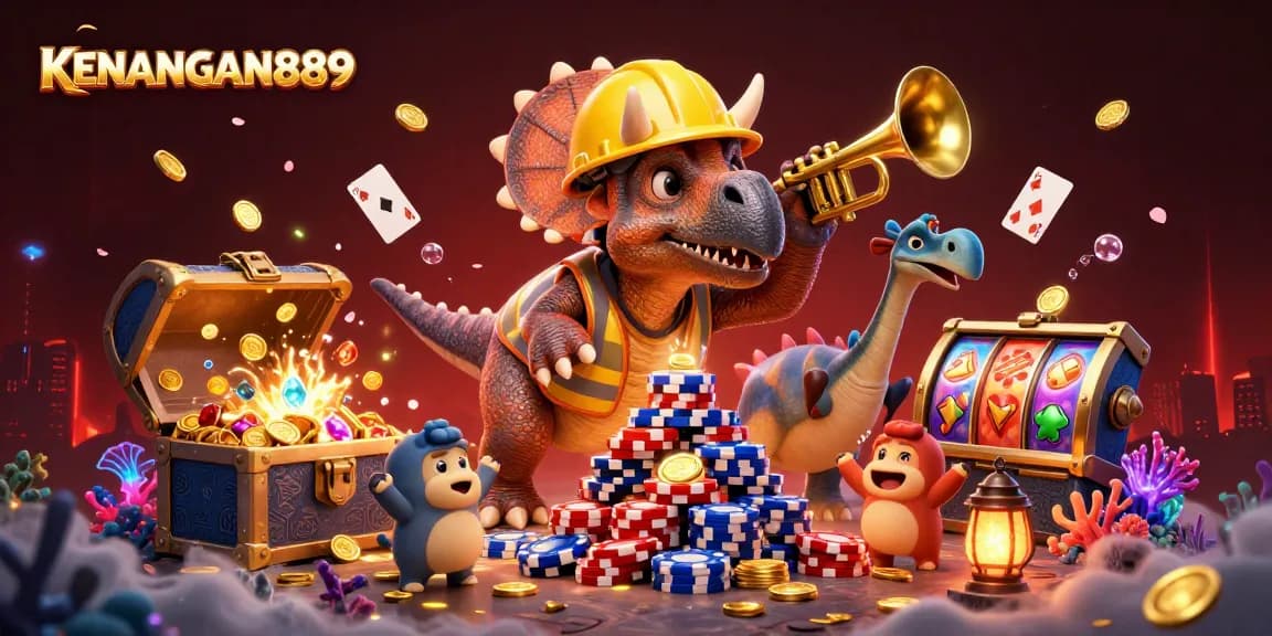 KENANGAN889 showcases an exciting 3D digital illustration of thrilling slot gameplay with colorful characters.