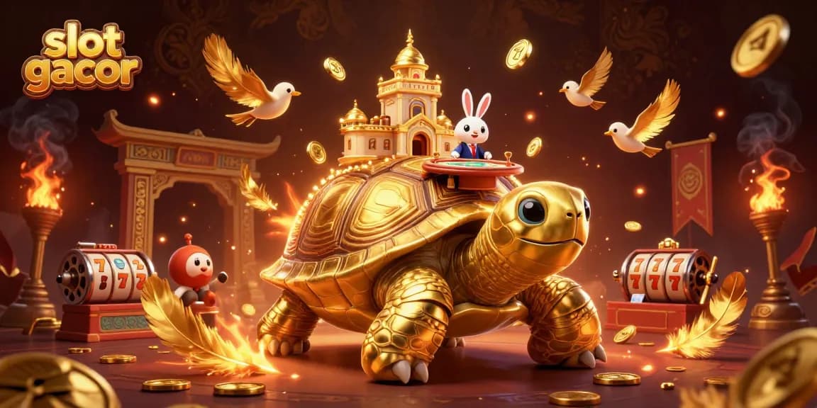 Experience slot gacor excitement with a golden tortoise casino illustration featuring lively characters.