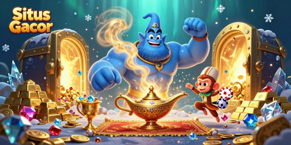 Engage with Situs Gacor as a blue genie bursts from a lamp, surrounded by treasures in a dazzling casino scene.