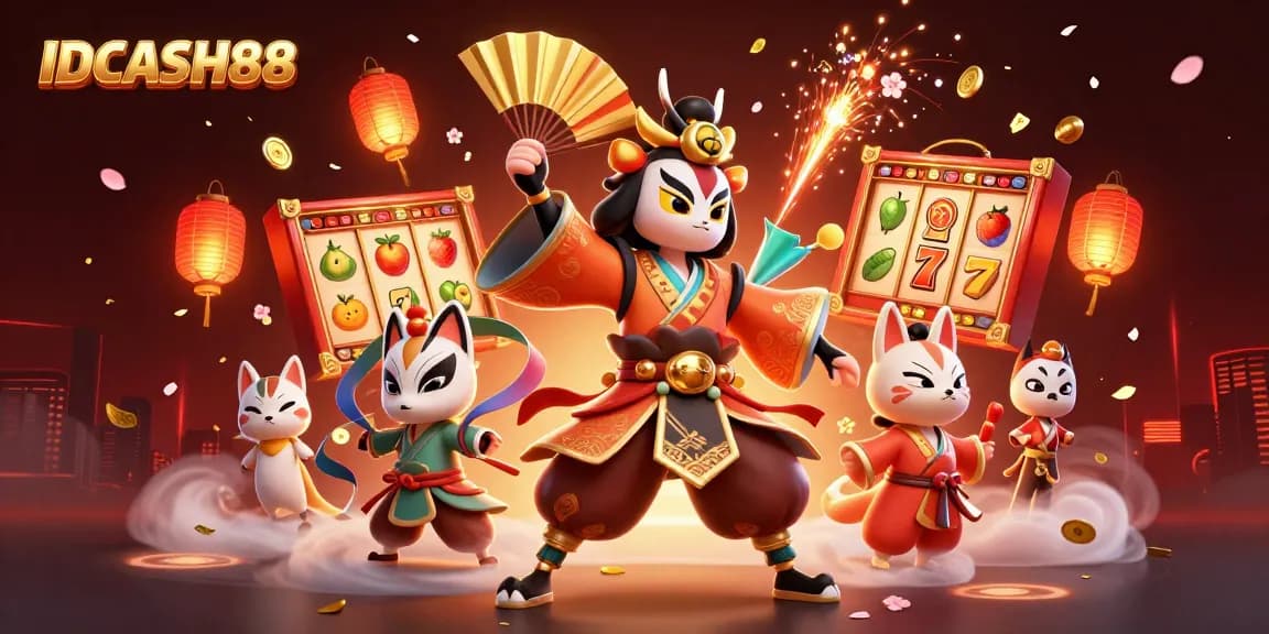 Experience the excitement of IDCASH88 with vibrant slot reels, kabuki characters, and festive elements.