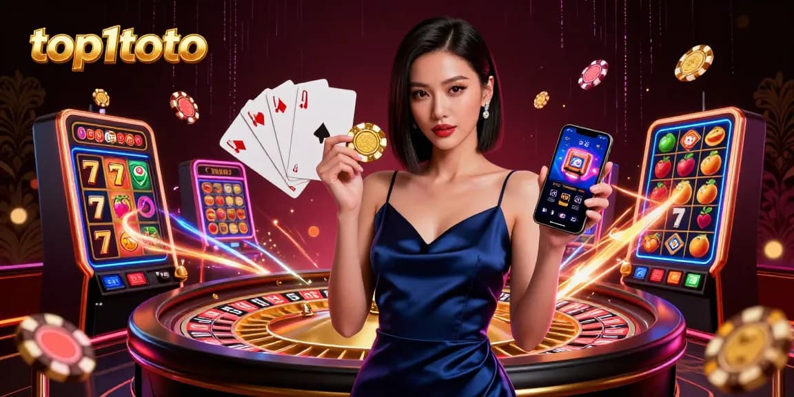 Engage with top1toto's premium casino experience, showcasing exciting slot elements and a confident player.