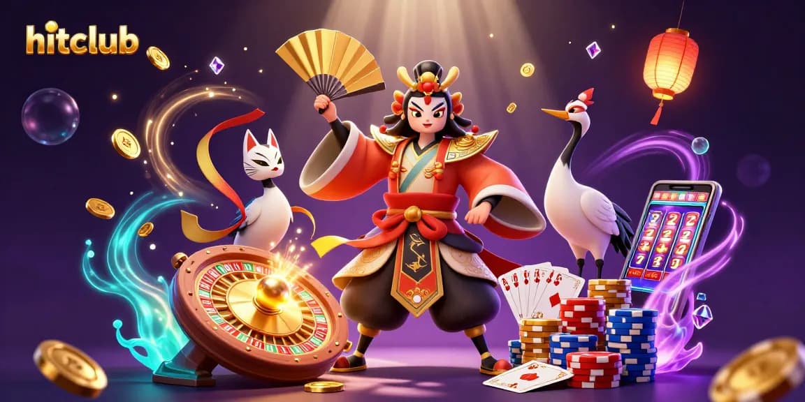 Hitclub's interactive gaming adventure with kabuki characters, cosmic slots, and dazzling coins.