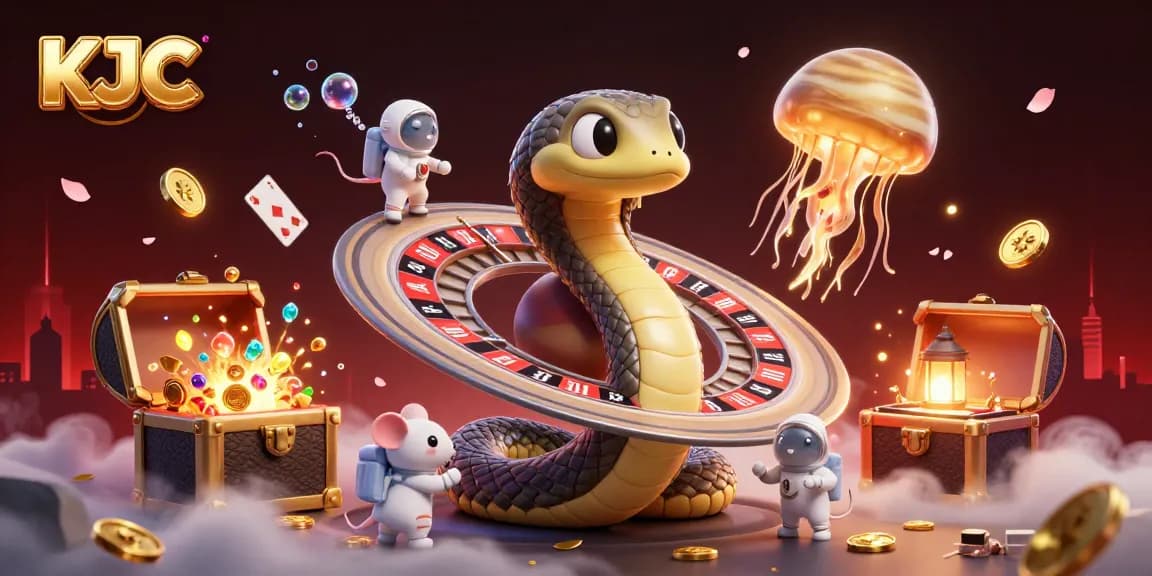 KJC's gaming universe springs to life as astronauts bet on Saturn's rings with glittering cosmic elements.