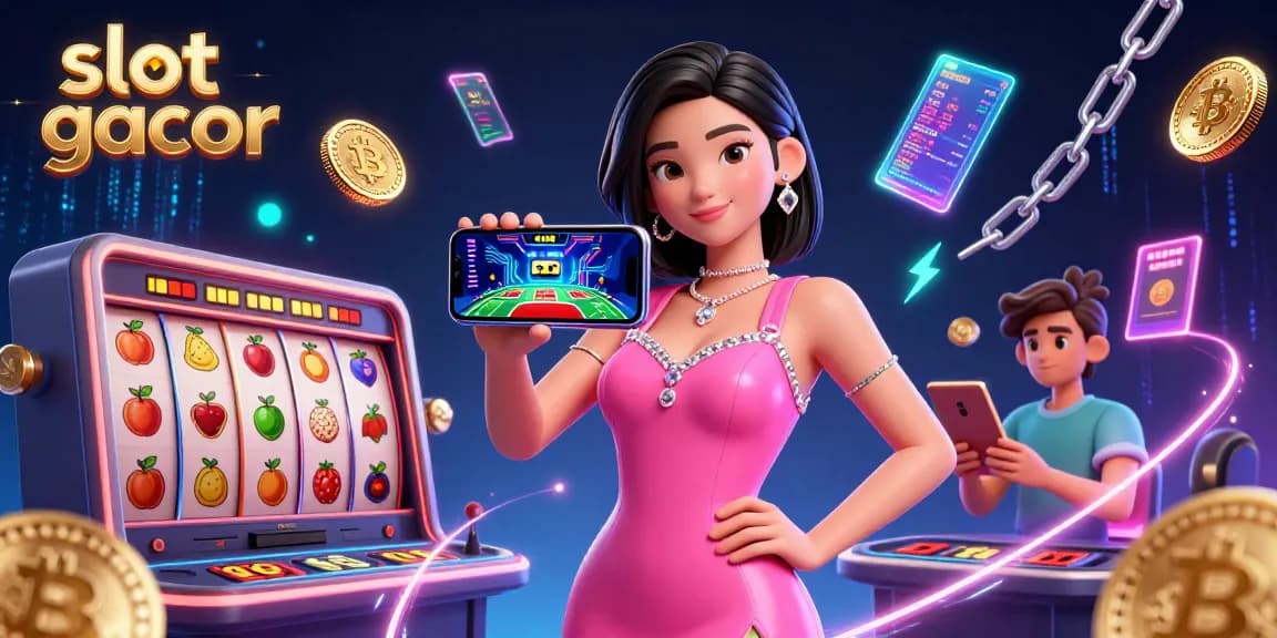 Engage with slot gacor through vibrant digital gaming elements in an immersive 3D scene.