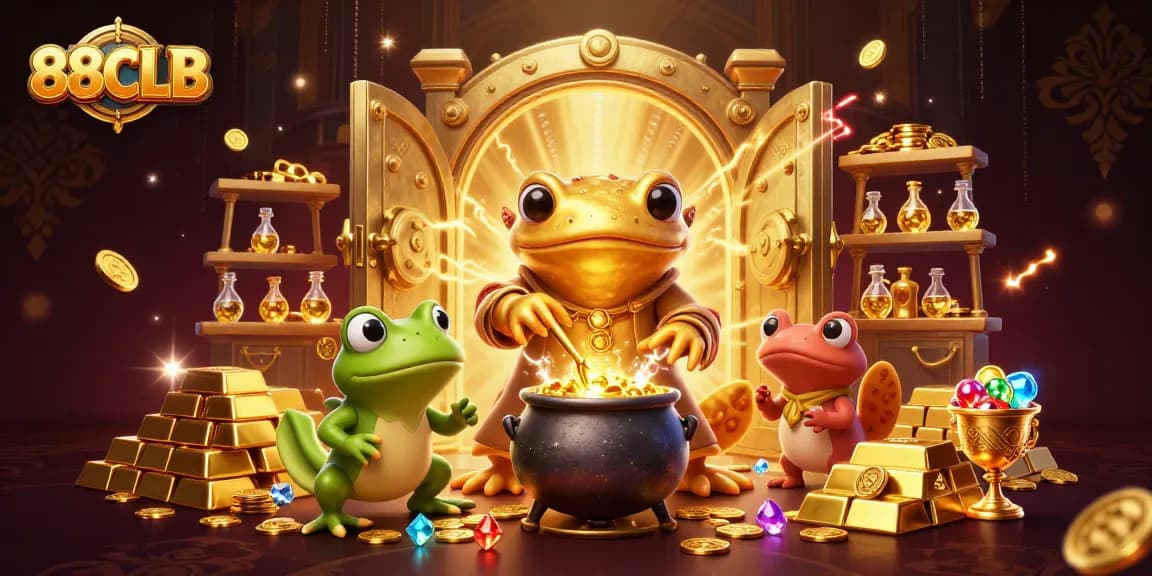 88CLB showcases a vibrant 3D scene filled with gold coins, classic casino elements, and mystical characters.