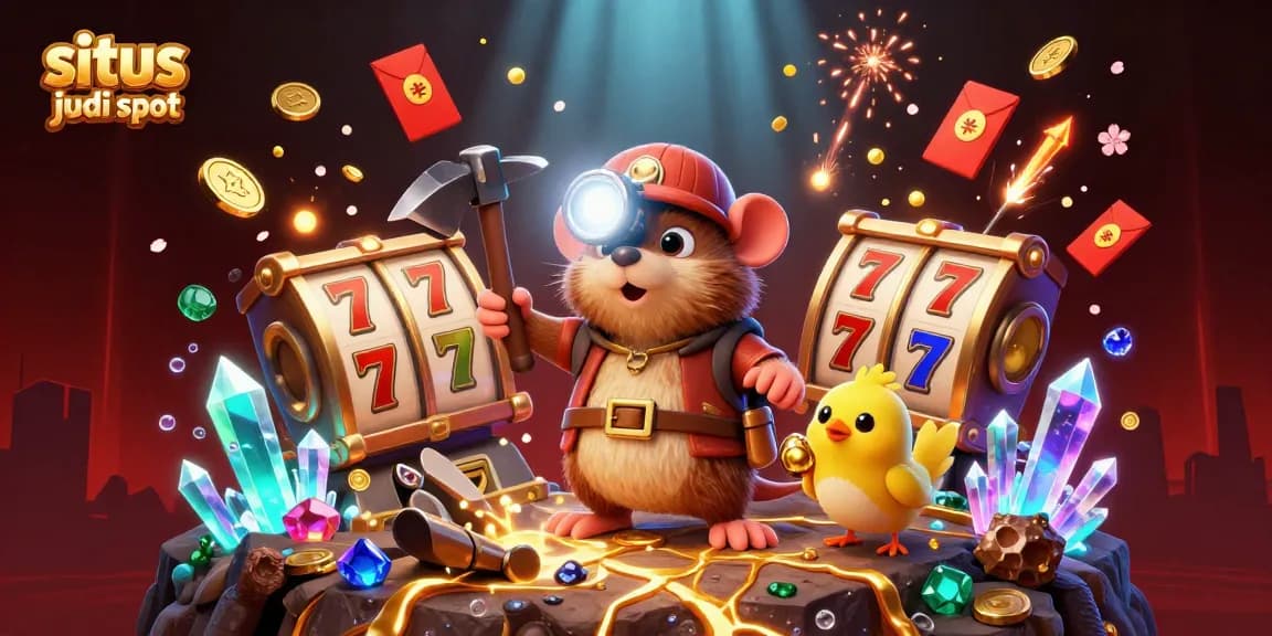 Situs judi slot dengan karakter pencari harta 3D di dalam gua penuh emas dan simbol keberuntungan