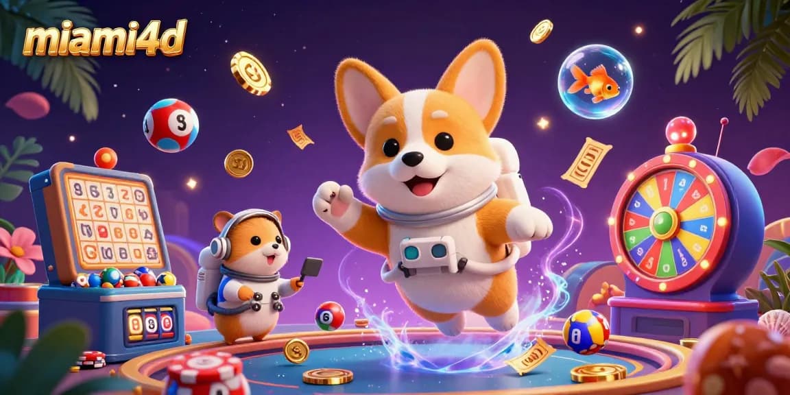 Win big with miami4d as the astronaut corgi floats amidst vibrant lotto balls in a stunning cosmic casino scene.