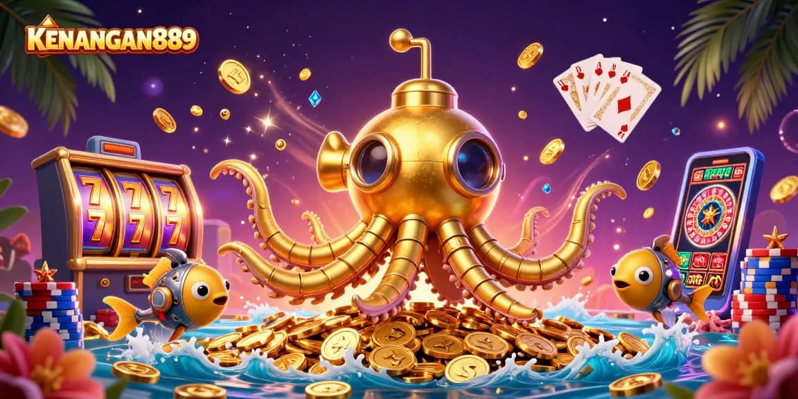 Experience thrilling gameplay with KENANGAN889 highlighted through a vibrant 3D illustration of a kraken submarine amidst golden coins.